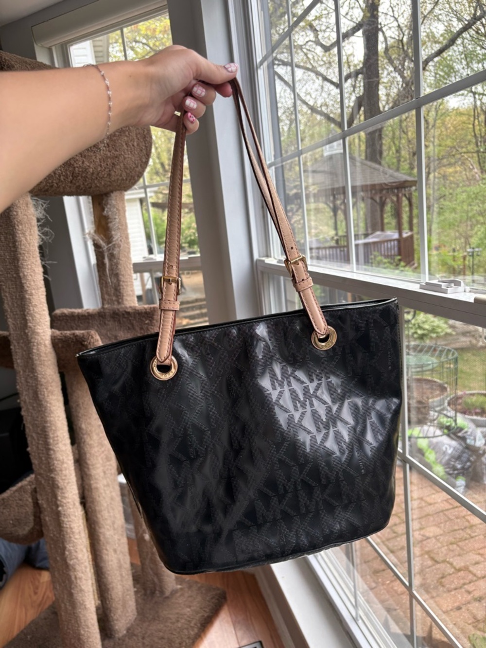 Michael Kors Jet Set patent Black Logo Tote with Tan Straps
